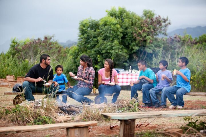 a group of people sitting at a picnic table