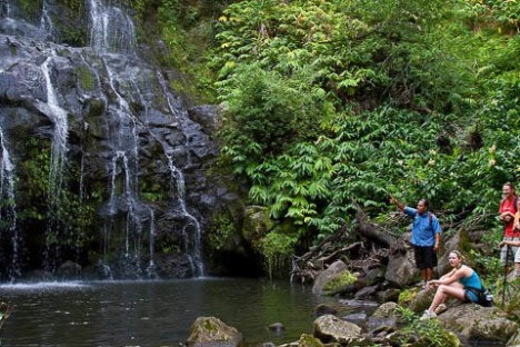 a person standing next to a waterfall