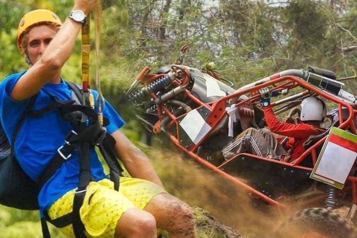 a man ziplining and a atv